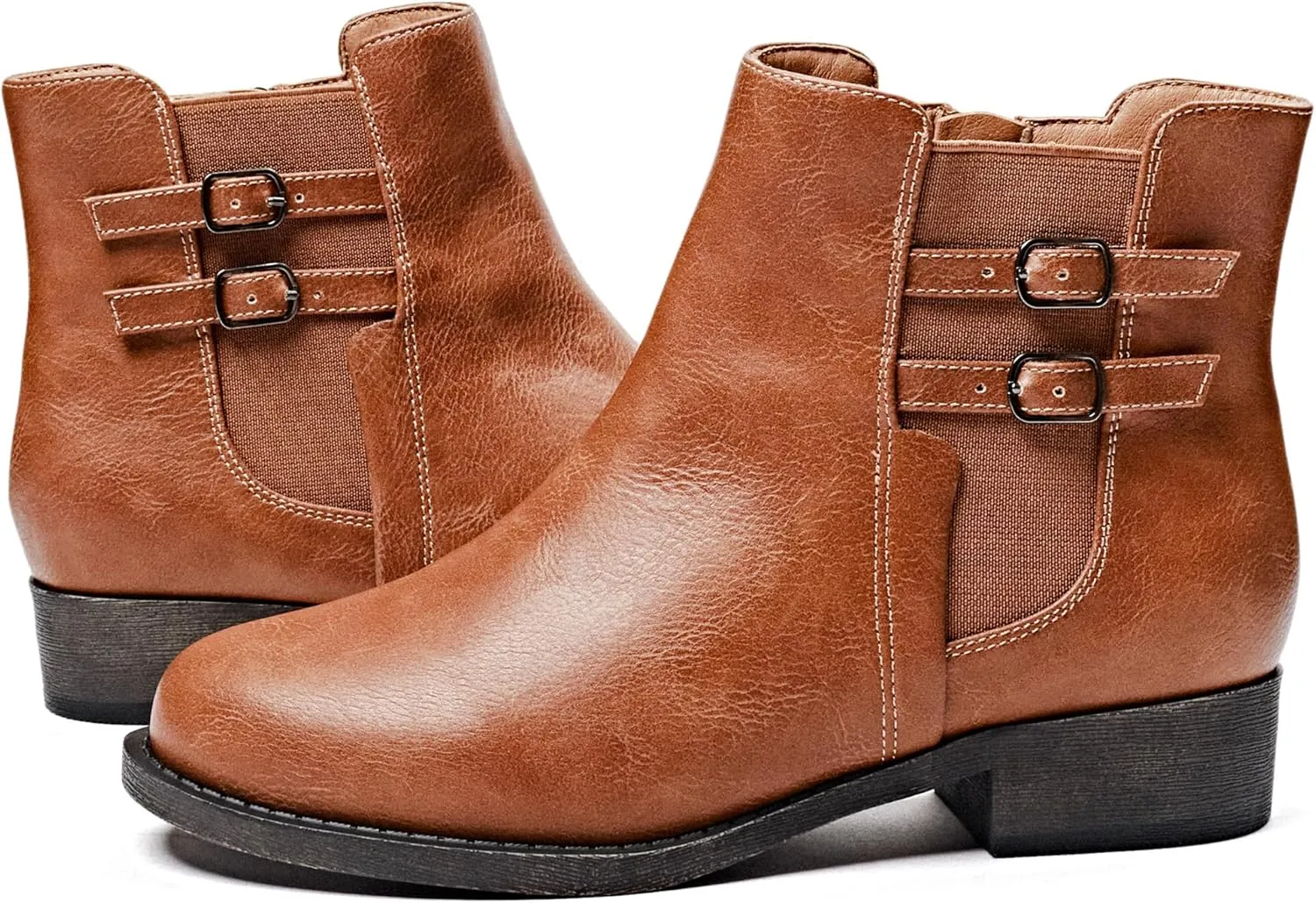 Veittes Women's Ankle Boots - Classic Side Zip, Cover with Buckle Strap, Comfortable Platform, Round Toe, Low Chunky Heel Comfort Slip On Fashion (Black/Dark Brown/Grey) Boots