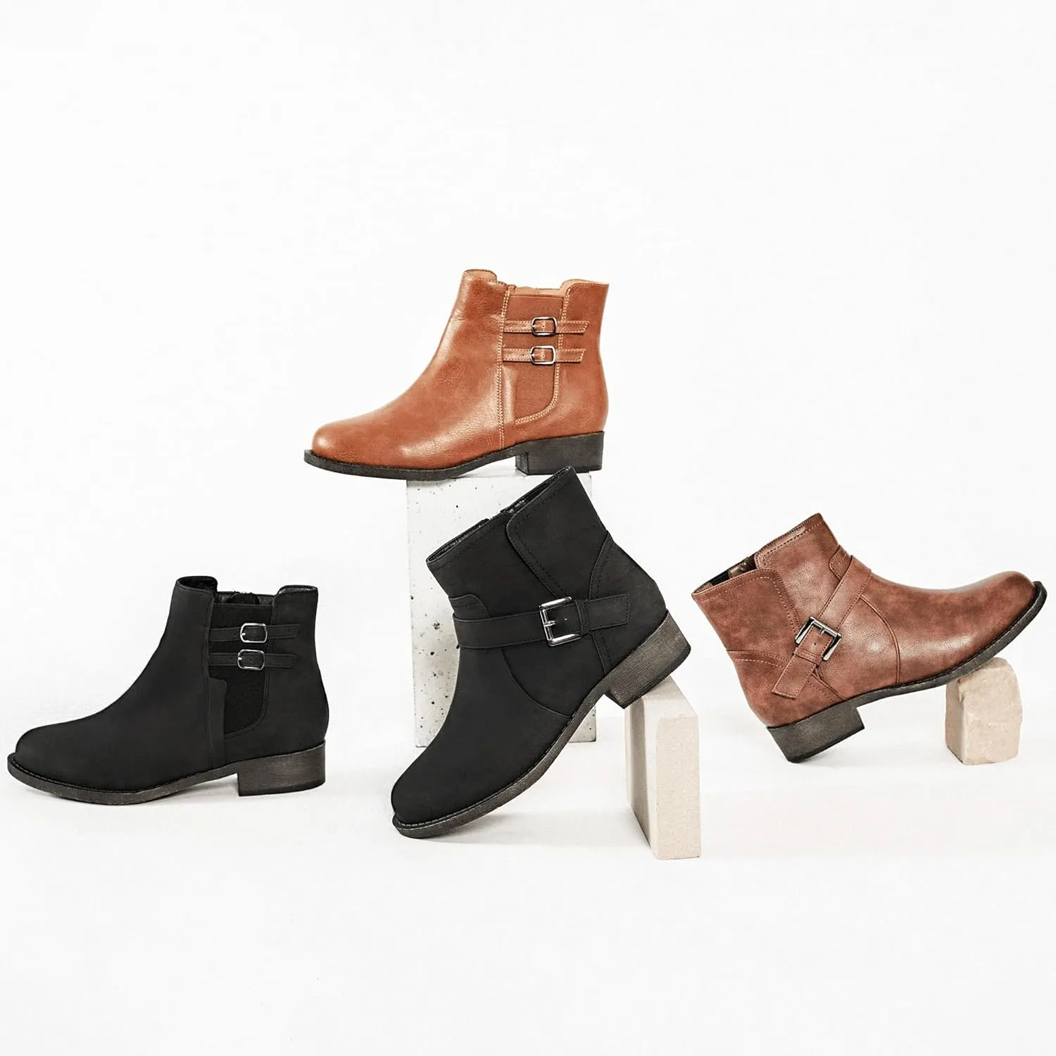 Veittes Women's Ankle Boots - Classic Side Zip, Cover with Buckle Strap, Comfortable Platform, Round Toe, Low Chunky Heel Comfort Slip On Fashion (Black/Dark Brown/Grey) Boots