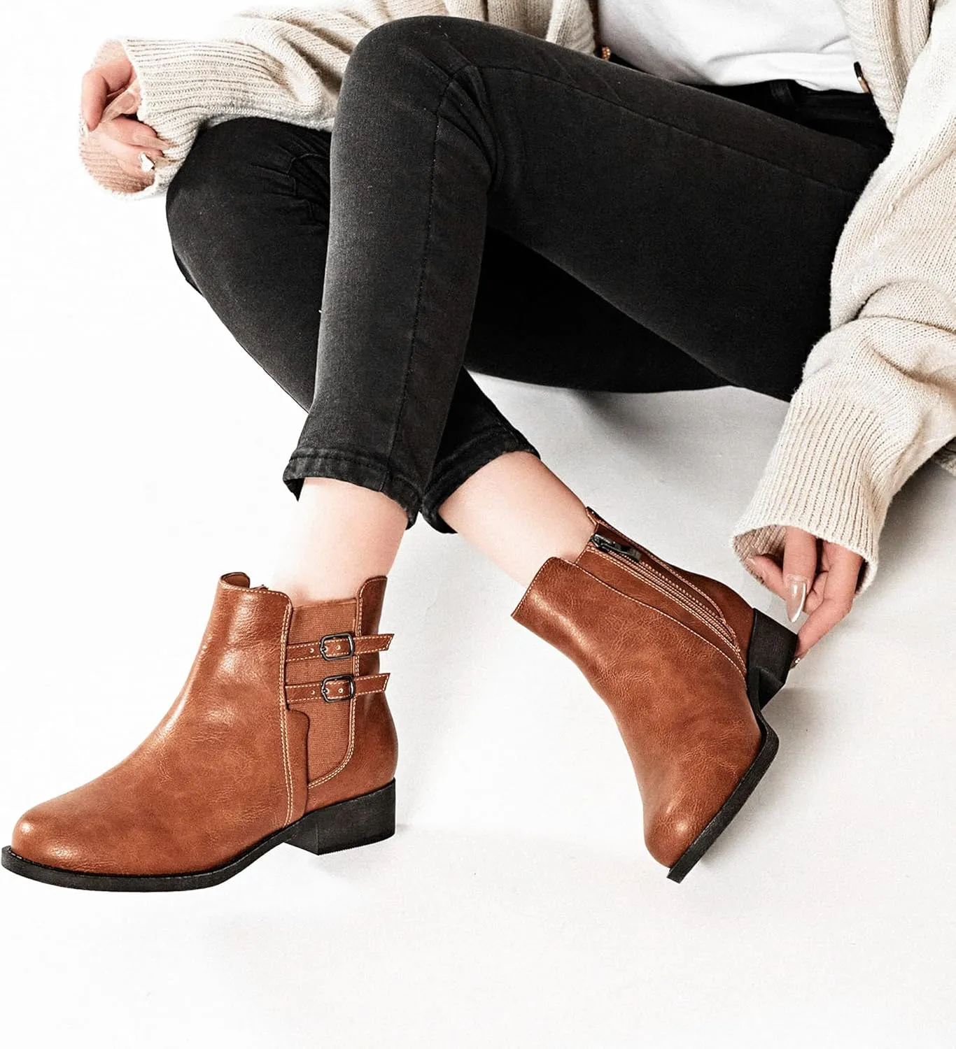 Veittes Women's Ankle Boots - Classic Side Zip, Cover with Buckle Strap, Comfortable Platform, Round Toe, Low Chunky Heel Comfort Slip On Fashion (Black/Dark Brown/Grey) Boots