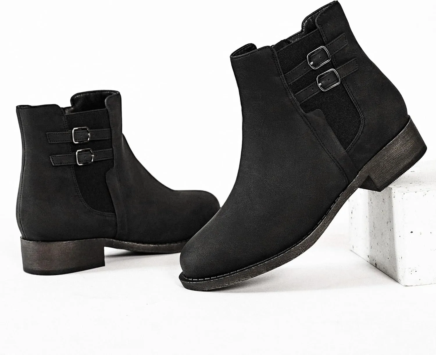 Veittes Women's Ankle Boots - Classic Side Zip, Cover with Buckle Strap, Comfortable Platform, Round Toe, Low Chunky Heel Comfort Slip On Fashion (Black/Dark Brown/Grey) Boots