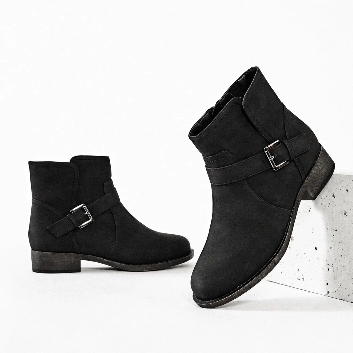 Veittes Women's Ankle Boots - Classic Side Zip, Cover with Buckle Strap, Comfortable Platform, Round Toe, Low Chunky Heel Comfort Slip On Fashion (Black/Dark Brown/Grey) Boots