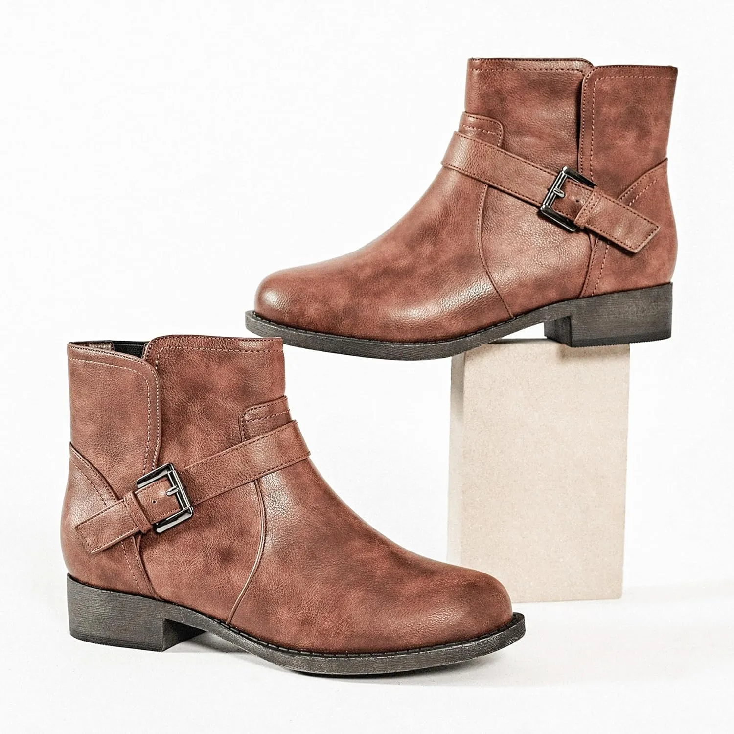 Veittes Women's Ankle Boots - Classic Side Zip, Cover with Buckle Strap, Comfortable Platform, Round Toe, Low Chunky Heel Comfort Slip On Fashion (Black/Dark Brown/Grey) Boots