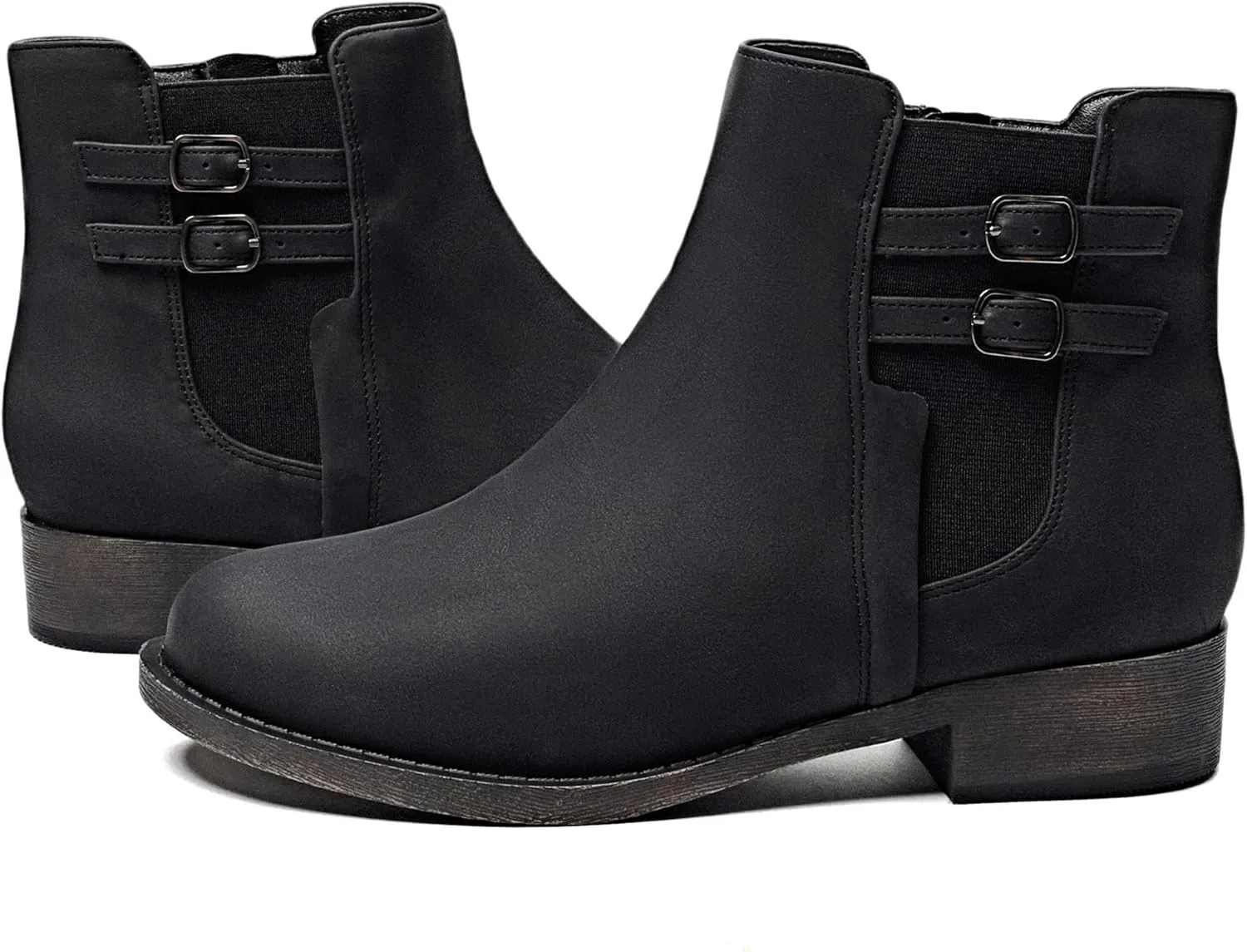 Veittes Women's Ankle Boots - Classic Side Zip, Cover with Buckle Strap, Comfortable Platform, Round Toe, Low Chunky Heel Comfort Slip On Fashion (Black/Dark Brown/Grey) Boots