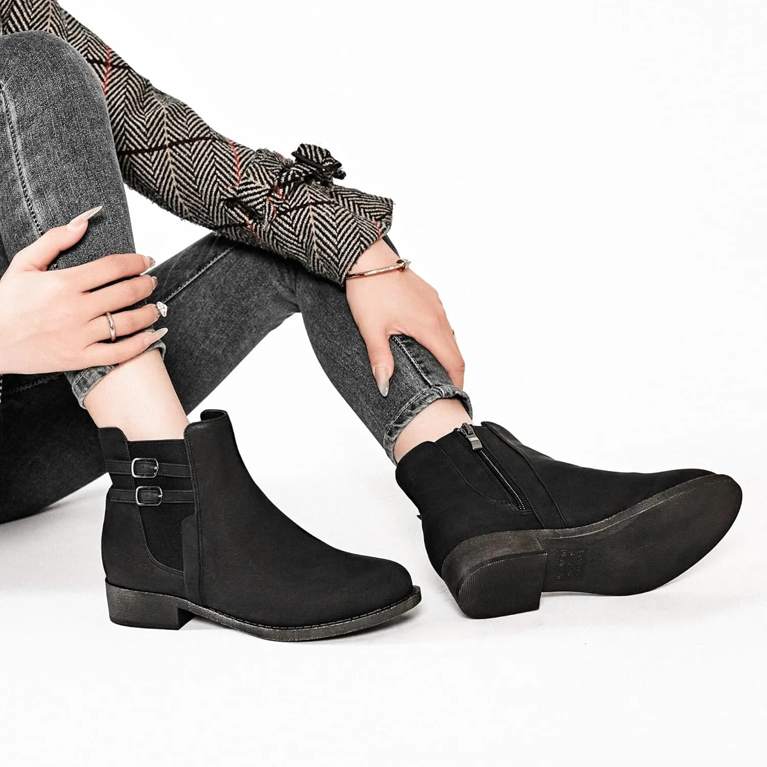 Veittes Women's Ankle Boots - Classic Side Zip, Cover with Buckle Strap, Comfortable Platform, Round Toe, Low Chunky Heel Comfort Slip On Fashion (Black/Dark Brown/Grey) Boots