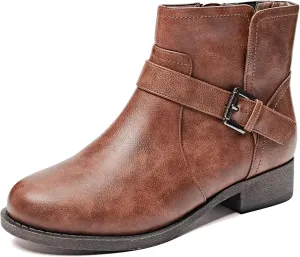 Veittes Women's Ankle Boots - Classic Side Zip, Cover with Buckle Strap, Comfortable Platform, Round Toe, Low Chunky Heel Comfort Slip On Fashion (Black/Dark Brown/Grey) Boots
