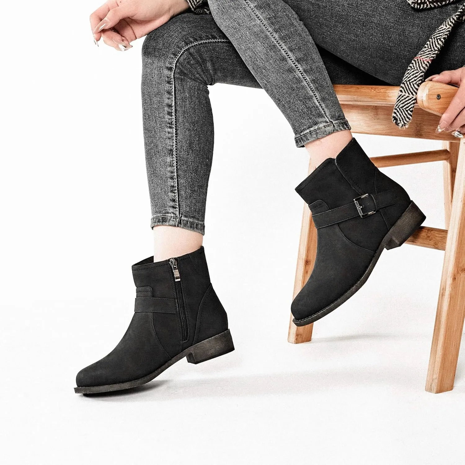 Veittes Women's Ankle Boots - Classic Side Zip, Cover with Buckle Strap, Comfortable Platform, Round Toe, Low Chunky Heel Comfort Slip On Fashion (Black/Dark Brown/Grey) Boots