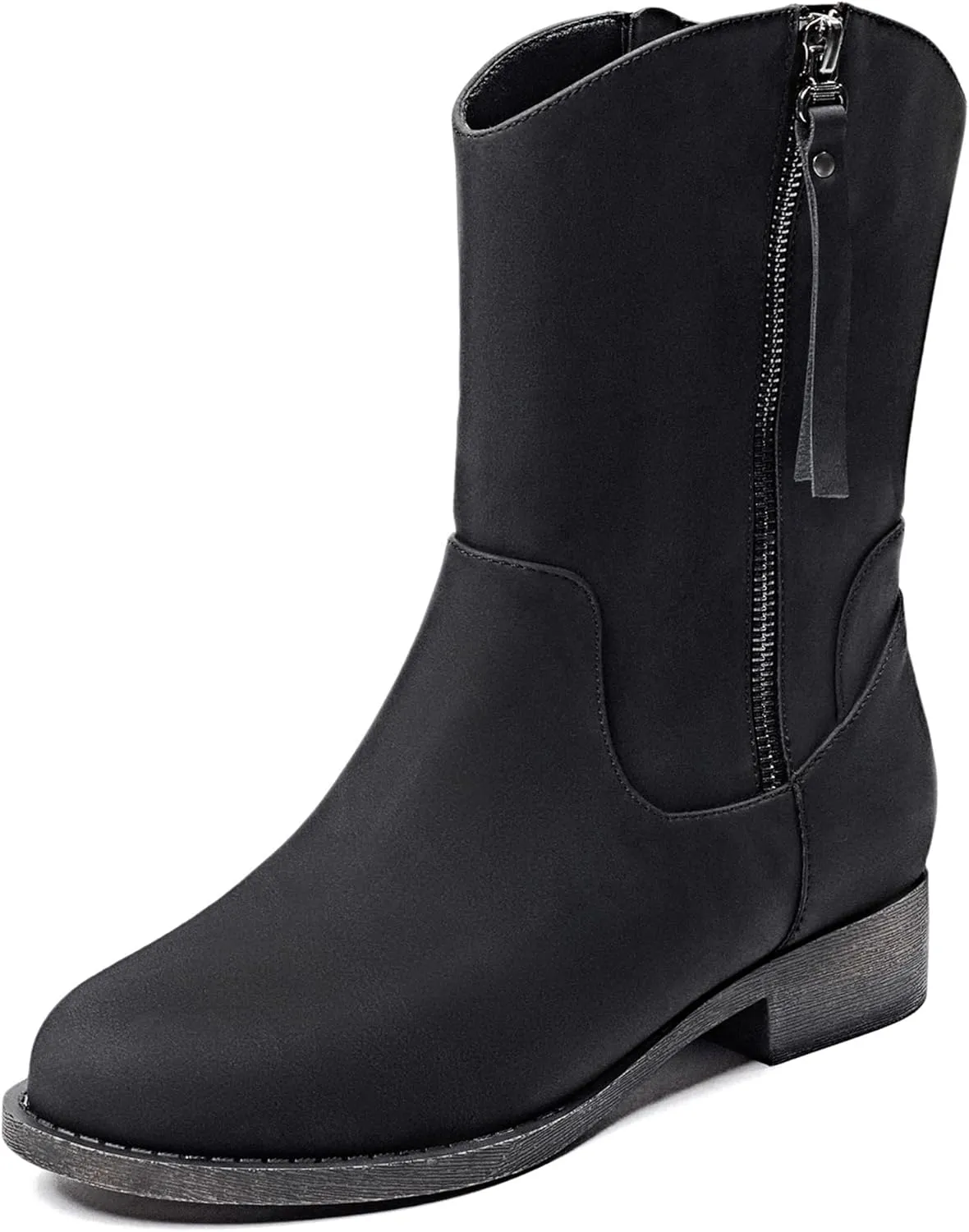 Veittes Women's Mid-Calf Cowboy Cowgirl Boots with Low Chunky Heel, Side Zipper, Motorcycle Style, Classic Round Toe,Fashion Western (Black/Dark Brown/Grey) Boots