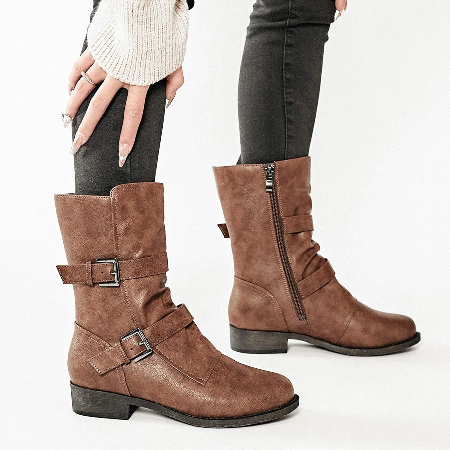Veittes Women's Mid-Calf Cowboy Cowgirl Boots with Low Chunky Heel, Side Zipper, Motorcycle Style, Classic Round Toe,Fashion Western (Black/Dark Brown/Grey) Boots
