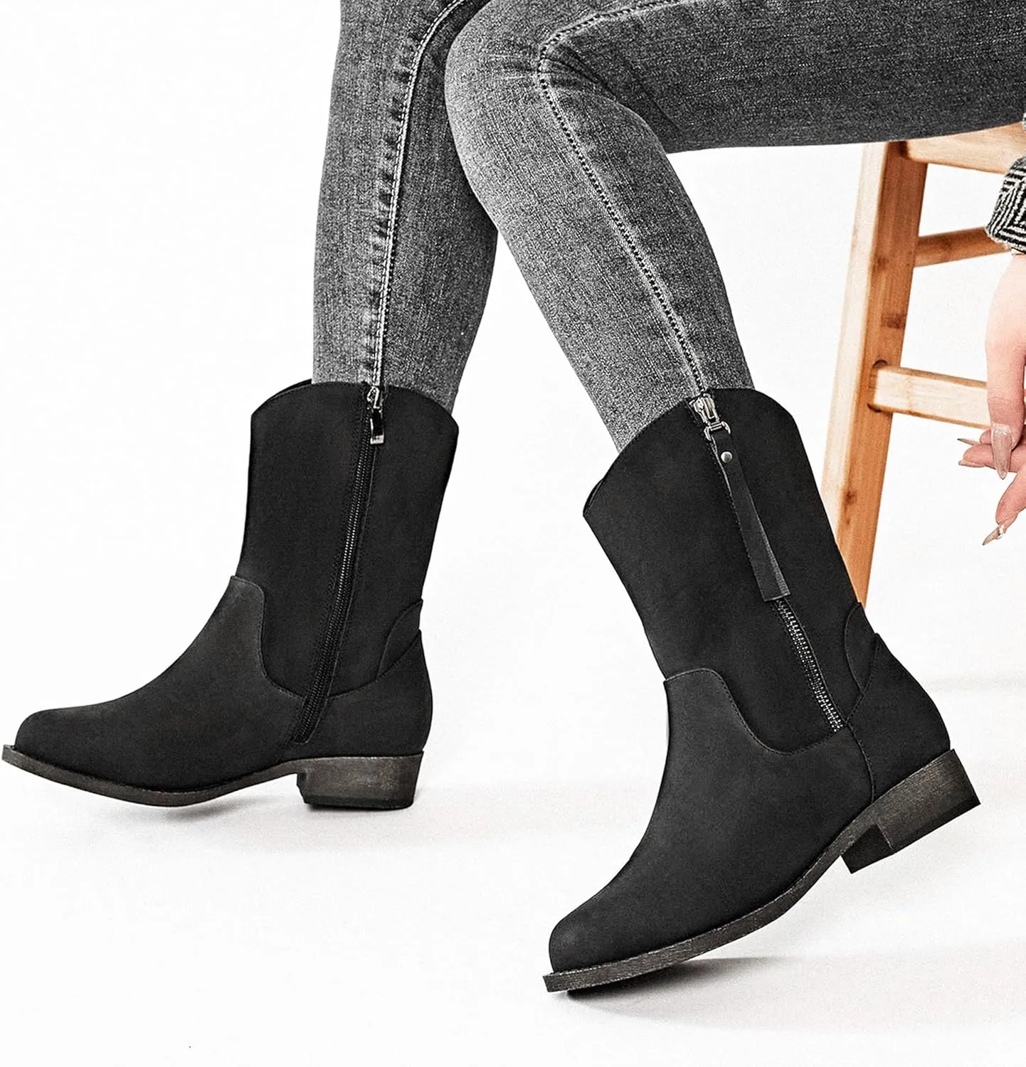 Veittes Women's Mid-Calf Cowboy Cowgirl Boots with Low Chunky Heel, Side Zipper, Motorcycle Style, Classic Round Toe,Fashion Western (Black/Dark Brown/Grey) Boots