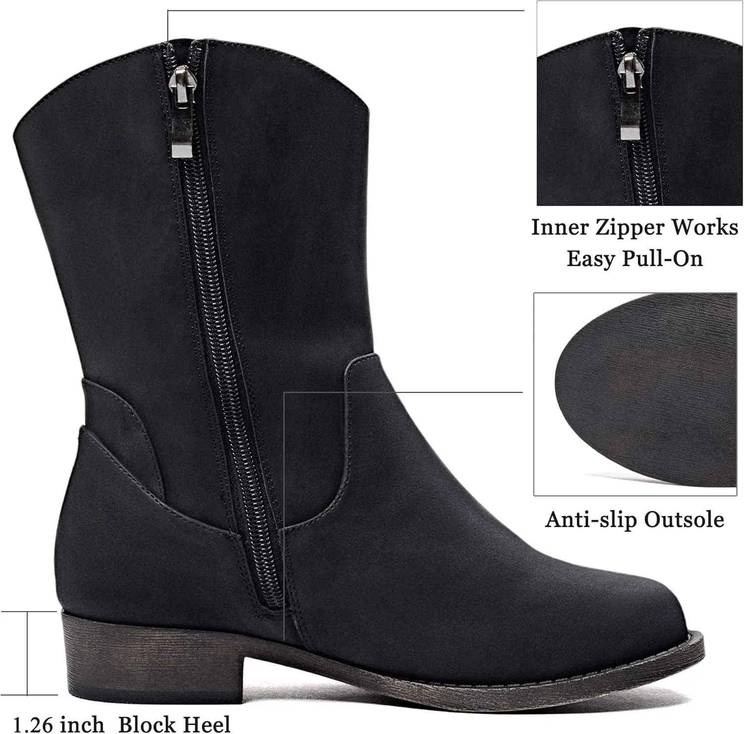 Veittes Women's Mid-Calf Cowboy Cowgirl Boots with Low Chunky Heel, Side Zipper, Motorcycle Style, Classic Round Toe,Fashion Western (Black/Dark Brown/Grey) Boots