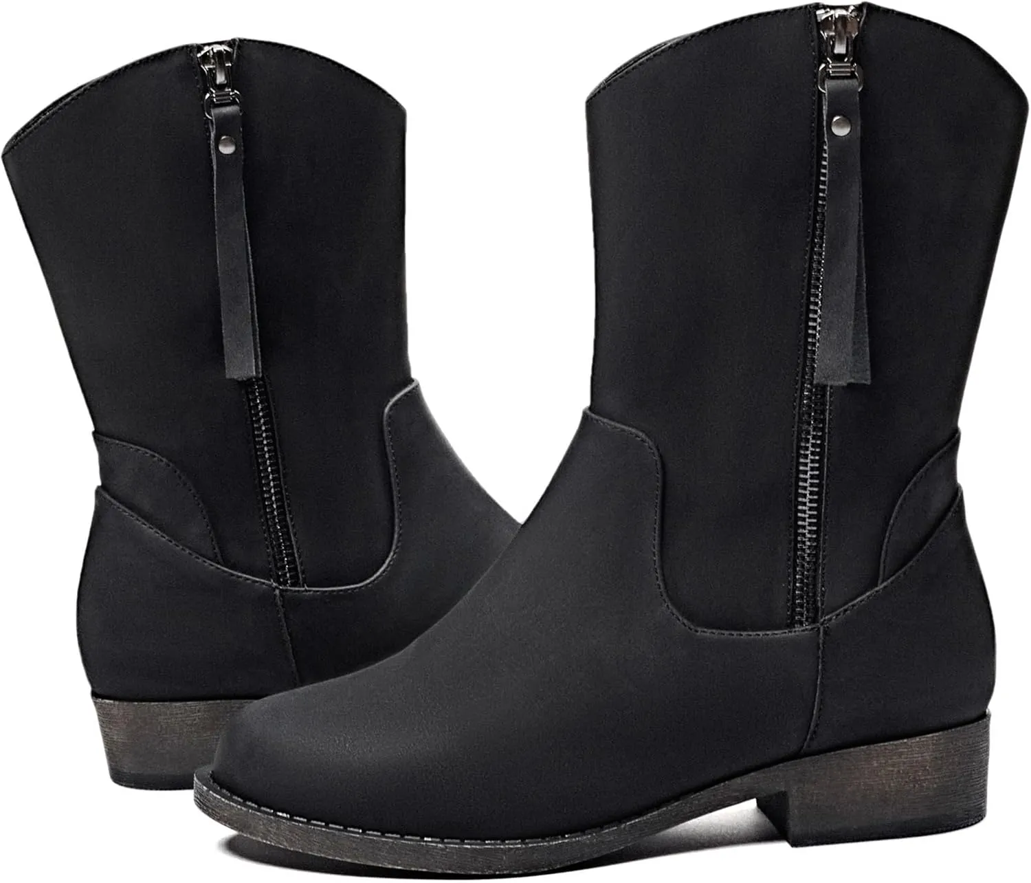 Veittes Women's Mid-Calf Cowboy Cowgirl Boots with Low Chunky Heel, Side Zipper, Motorcycle Style, Classic Round Toe,Fashion Western (Black/Dark Brown/Grey) Boots