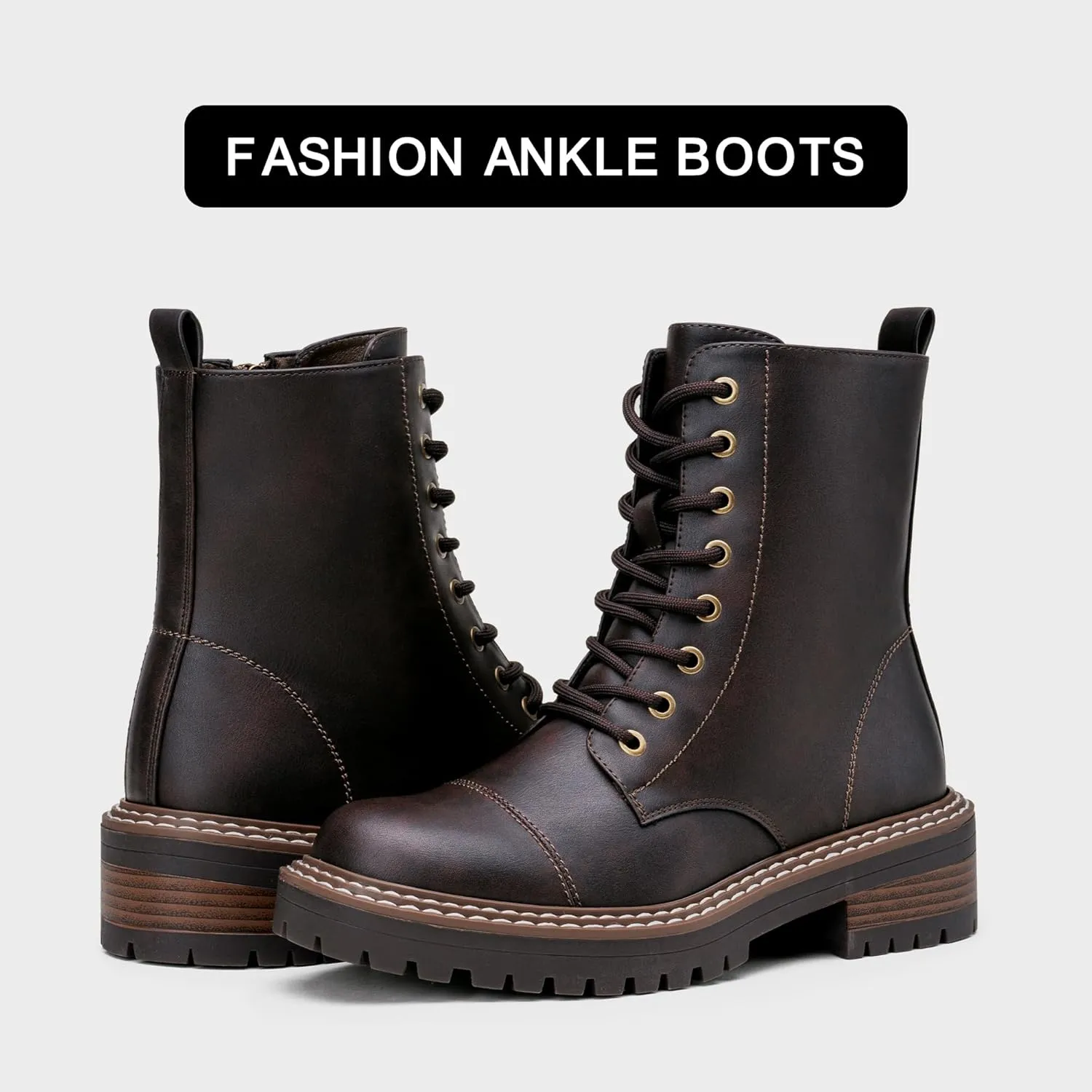 Vepose Women's 9629 Fashion Combat Ankle Boots, Lace up Booties with Inner Zipper