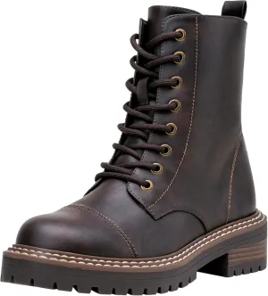 Vepose Women's 9629 Fashion Combat Ankle Boots, Lace up Booties with Inner Zipper
