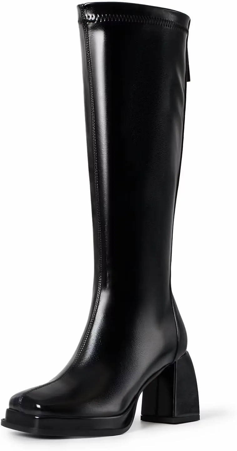 vimitty Fashion Knee High Boots Women Chunky Heel Square Toe Tall Boots for Women High Heel Black Side Zipper Long Boots