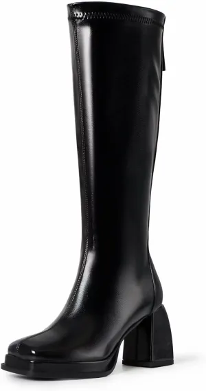 vimitty Fashion Knee High Boots Women Chunky Heel Square Toe Tall Boots for Women High Heel Black Side Zipper Long Boots