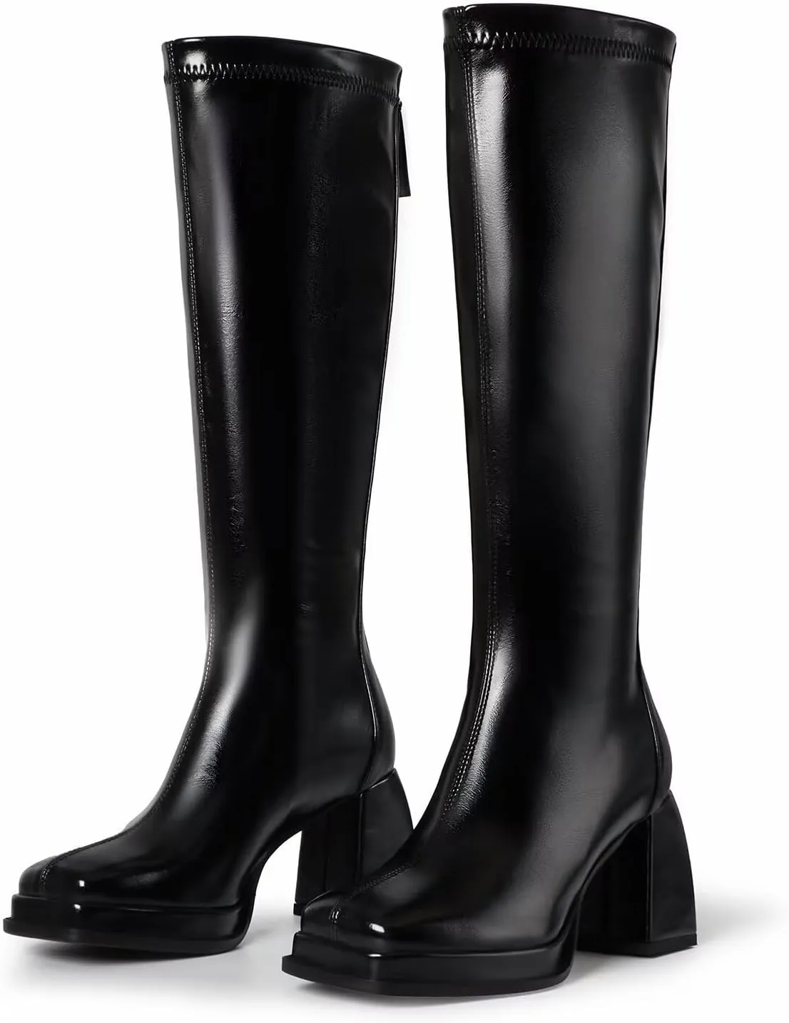 vimitty Fashion Knee High Boots Women Chunky Heel Square Toe Tall Boots for Women High Heel Black Side Zipper Long Boots