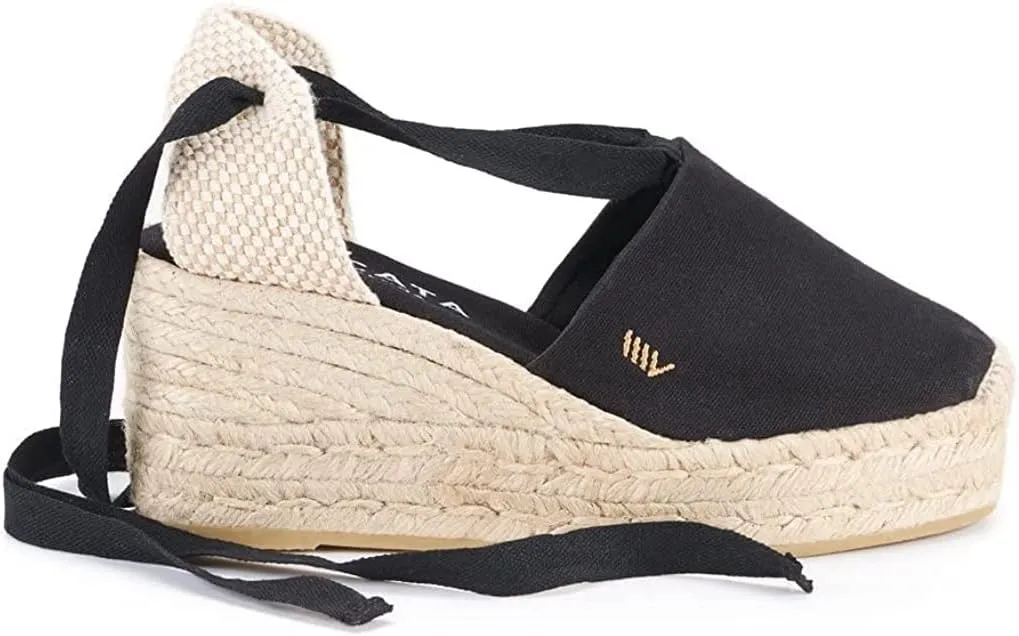VISCATA Bisbe Canvas Platform Handmade 3 ½” Heel Women's Wedge Sandals with Breathable Cotton Canvas Soft Lace-Up Ankle Ties and 100% Natural Jute Midsole for all Casual Occasions