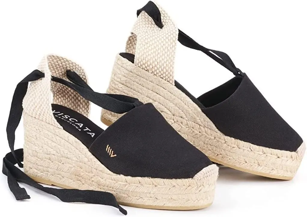 VISCATA Bisbe Canvas Platform Handmade 3 ½” Heel Women's Wedge Sandals with Breathable Cotton Canvas Soft Lace-Up Ankle Ties and 100% Natural Jute Midsole for all Casual Occasions