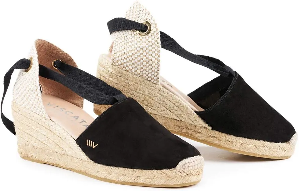 VISCATA Fosca Suede Wedge Handmade 2 ½” Heel Women's Sandals with Extra Cushioned Inner Sole, Soft Ankle Ties, and 100% Natural Jute Midsole for Comfort and Style