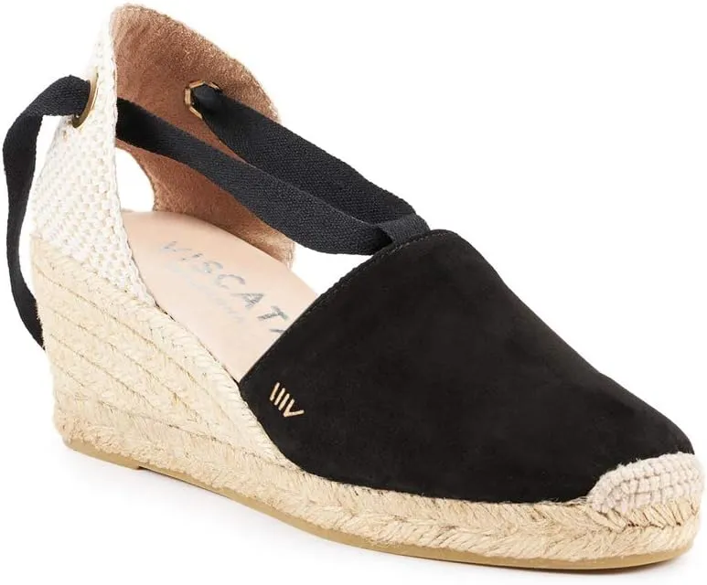 VISCATA Fosca Suede Wedge Handmade 2 ½” Heel Women's Sandals with Extra Cushioned Inner Sole, Soft Ankle Ties, and 100% Natural Jute Midsole for Comfort and Style