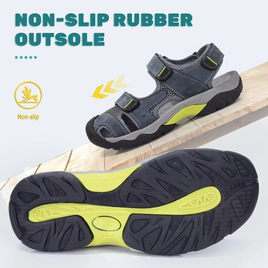 VISIONREAST Mens Leather Sandals - Outdoor Hiking & Waterproof Athletic Sports Sandals - Fisherman Beach Shoes with Closed Toe
