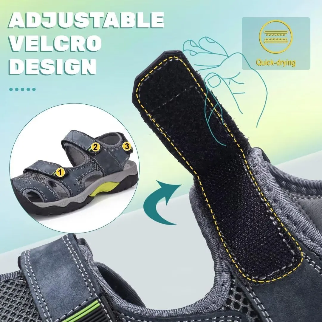 VISIONREAST Mens Leather Sandals - Outdoor Hiking & Waterproof Athletic Sports Sandals - Fisherman Beach Shoes with Closed Toe