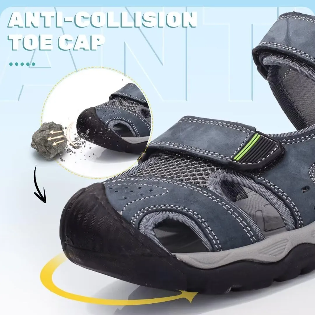 VISIONREAST Mens Leather Sandals - Outdoor Hiking & Waterproof Athletic Sports Sandals - Fisherman Beach Shoes with Closed Toe