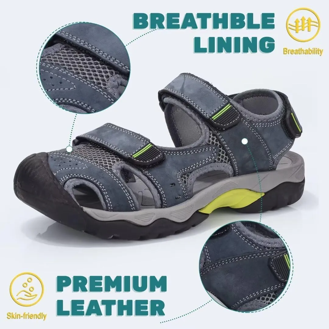 VISIONREAST Mens Leather Sandals - Outdoor Hiking & Waterproof Athletic Sports Sandals - Fisherman Beach Shoes with Closed Toe