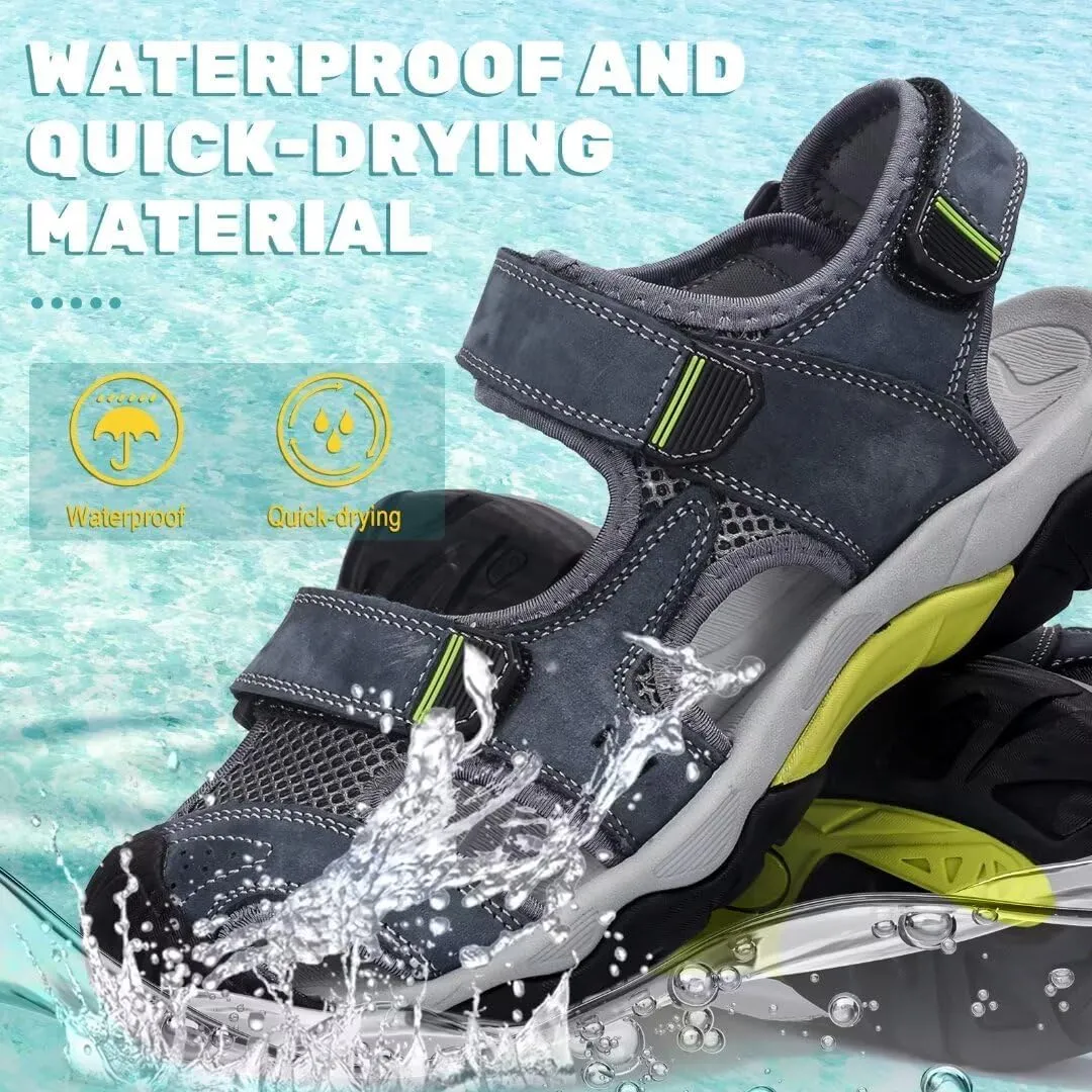 VISIONREAST Mens Leather Sandals - Outdoor Hiking & Waterproof Athletic Sports Sandals - Fisherman Beach Shoes with Closed Toe