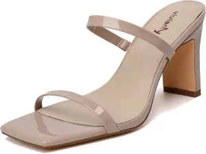 vivianly Womens Chunky Heels 3.15 Inch Square Toe Heeled Sandals Slip On Block Heels Sandals Two Strap Heeled Mules