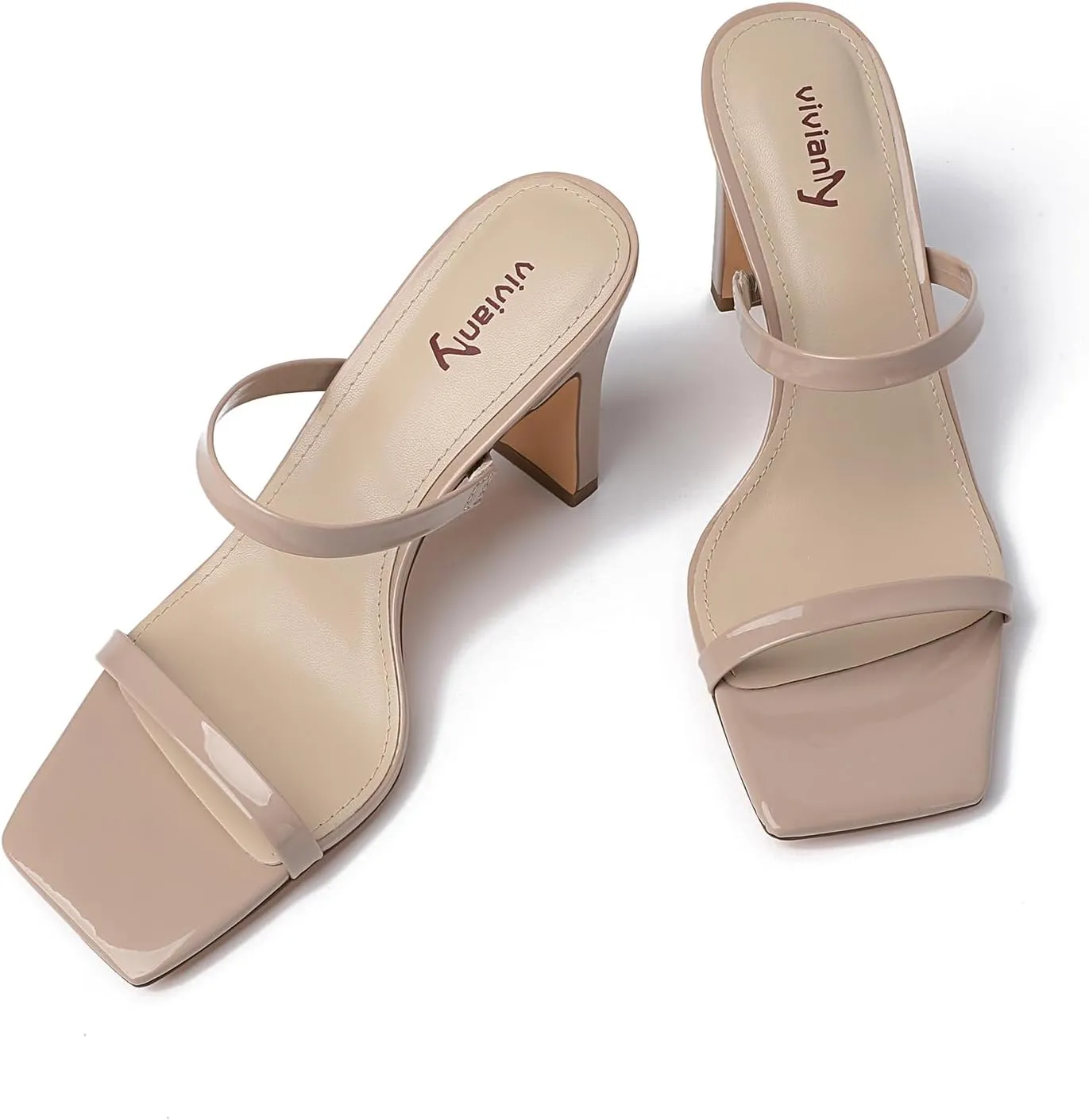 vivianly Womens Chunky Heels 3.15 Inch Square Toe Heeled Sandals Slip On Block Heels Sandals Two Strap Heeled Mules