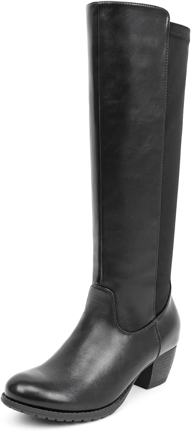 VJH confort Women's Knee High Boots, Round Toe Low Heel Stretchy Comfy Wide Calf Tall Riding Boot
