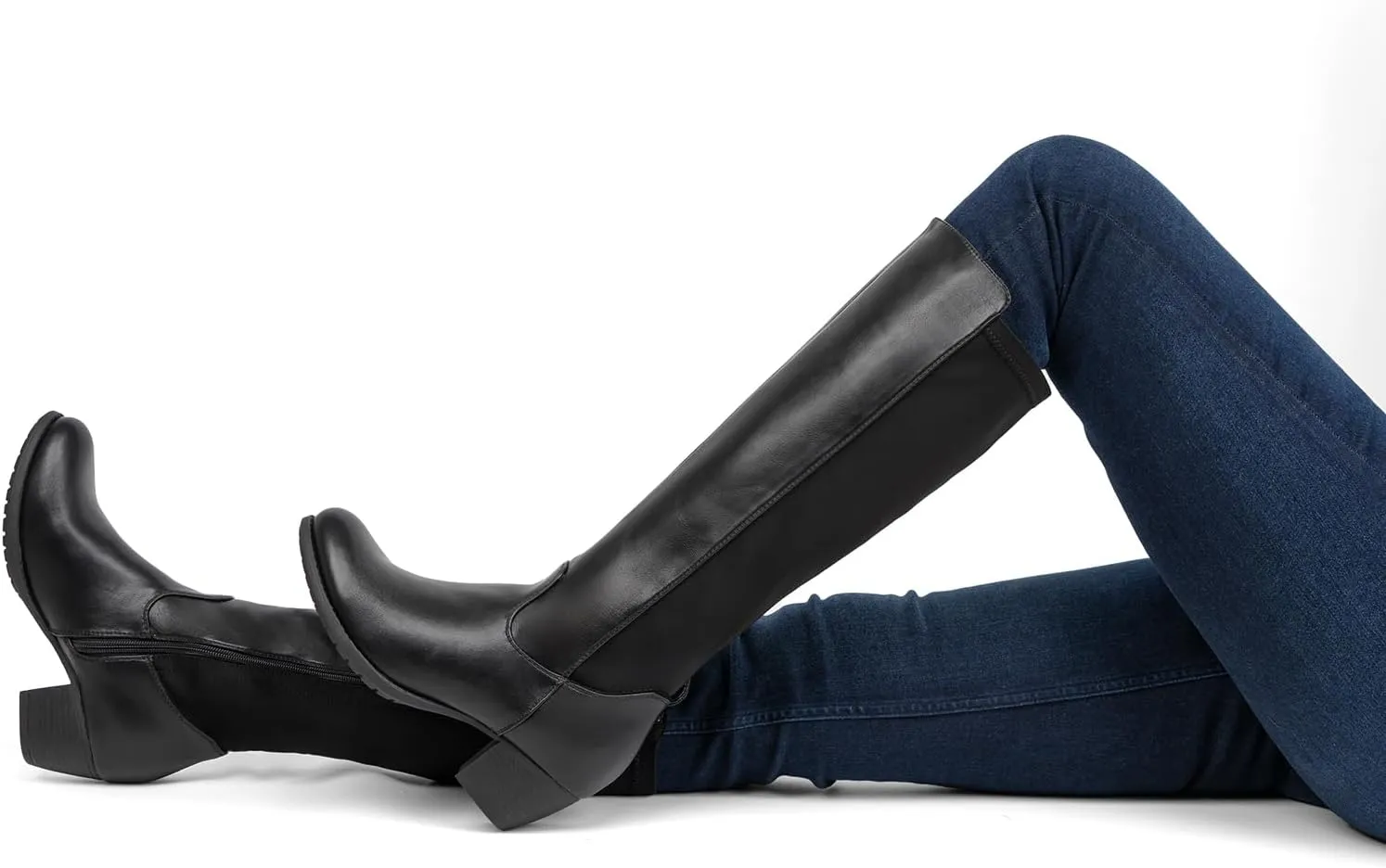 VJH confort Women's Knee High Boots, Round Toe Low Heel Stretchy Comfy Wide Calf Tall Riding Boot