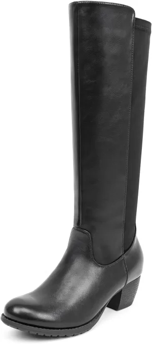 VJH confort Women's Knee High Boots, Round Toe Low Heel Stretchy Comfy Wide Calf Tall Riding Boot