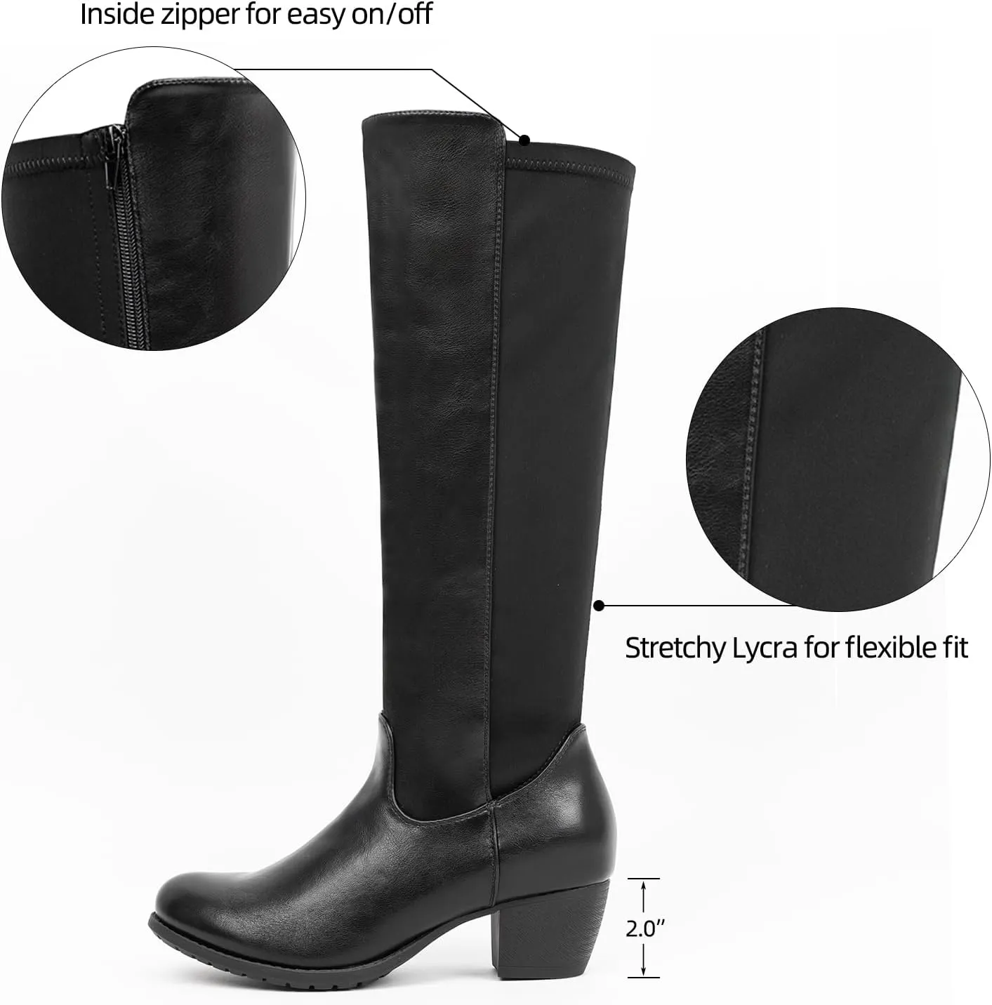 VJH confort Women's Knee High Boots, Round Toe Low Heel Stretchy Comfy Wide Calf Tall Riding Boot