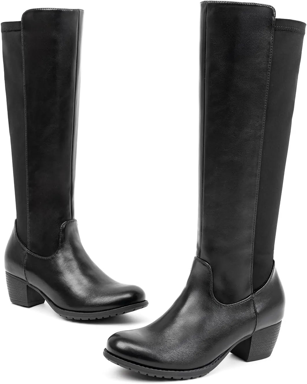 VJH confort Women's Knee High Boots, Round Toe Low Heel Stretchy Comfy Wide Calf Tall Riding Boot
