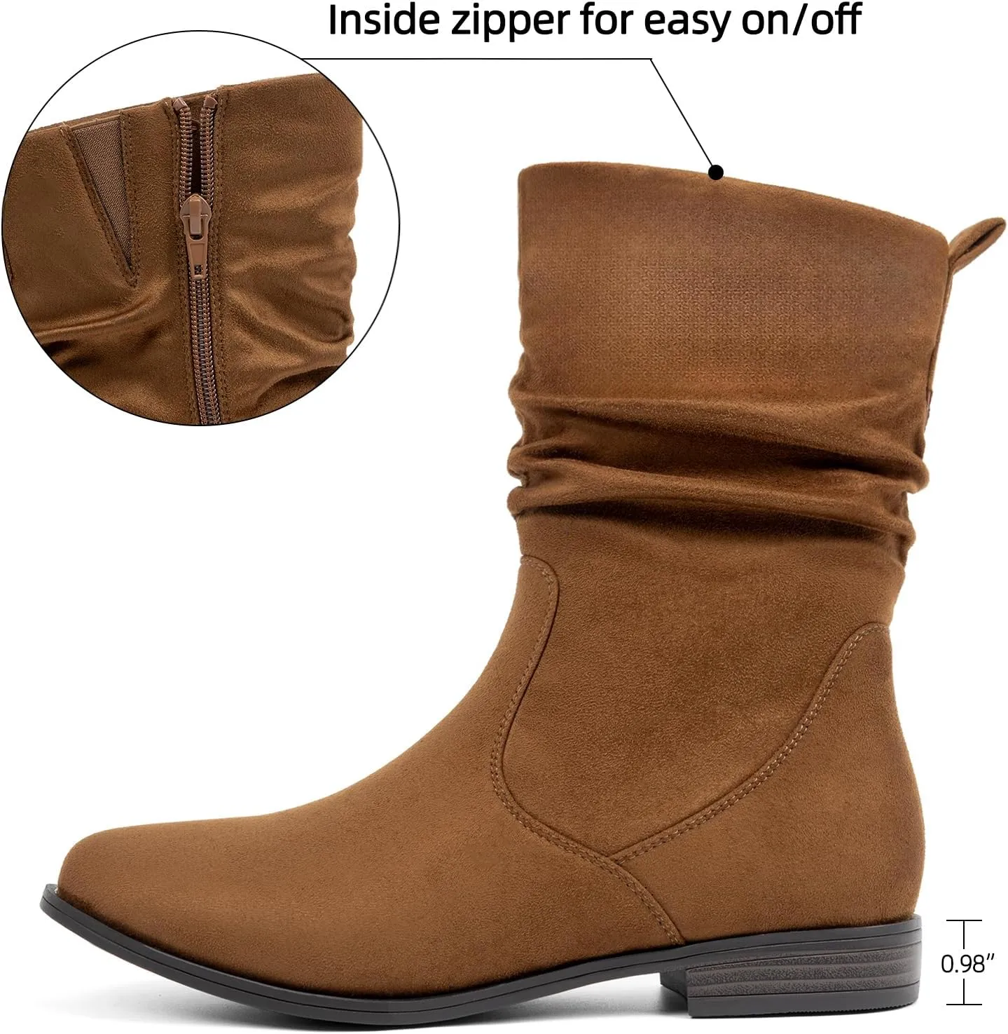 VJH confort Women's Mid Calf Boots, Almond Round Toe Low Heel Comfort Dress Slouchy Booties