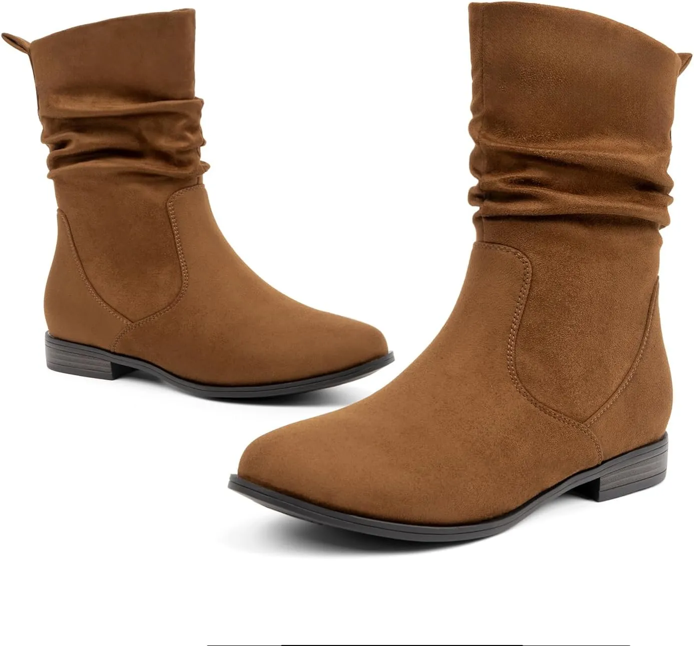 VJH confort Women's Mid Calf Boots, Almond Round Toe Low Heel Comfort Dress Slouchy Booties