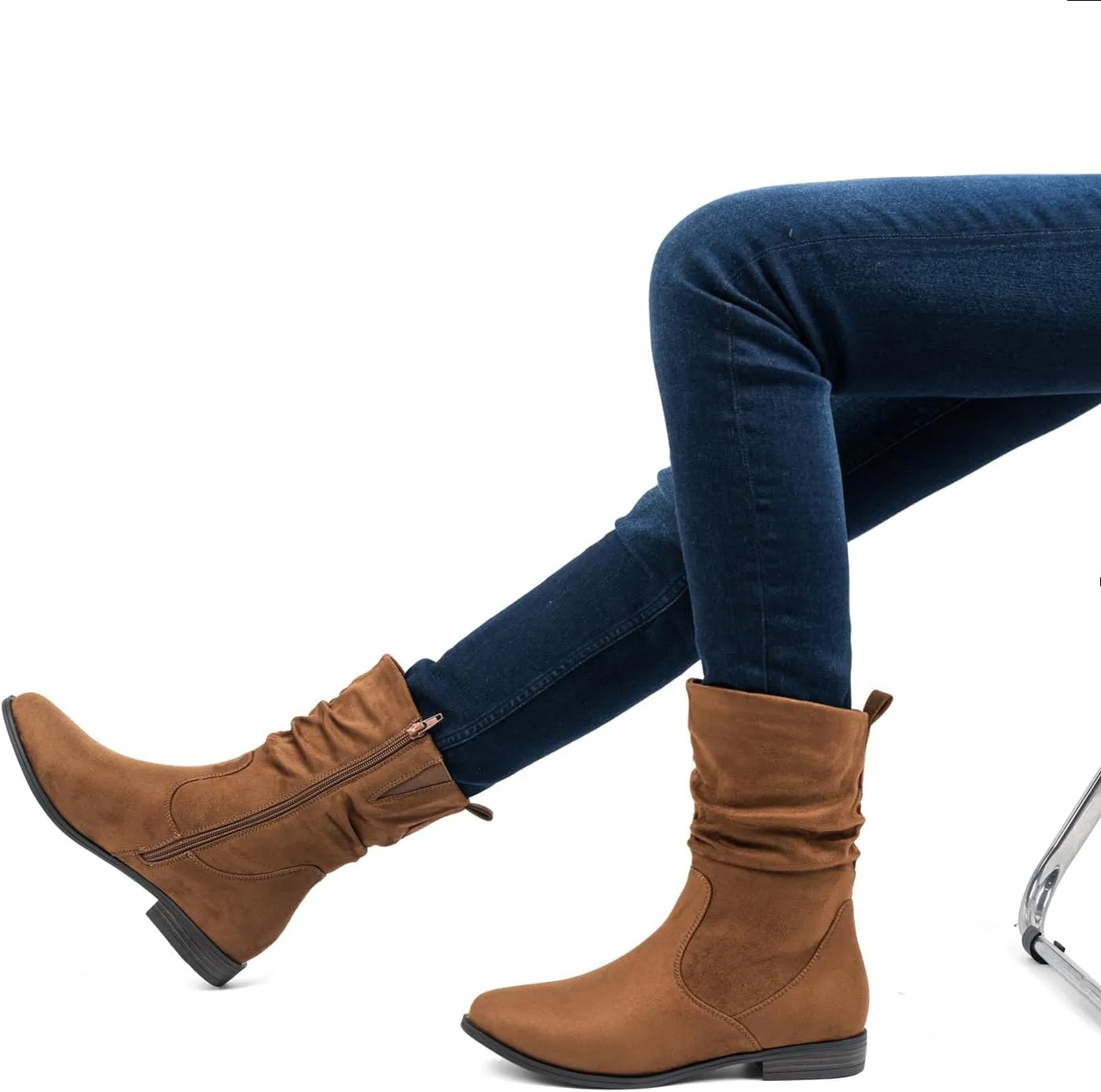 VJH confort Women's Mid Calf Boots, Almond Round Toe Low Heel Comfort Dress Slouchy Booties