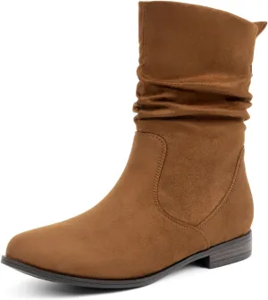 VJH confort Women's Mid Calf Boots, Almond Round Toe Low Heel Comfort Dress Slouchy Booties