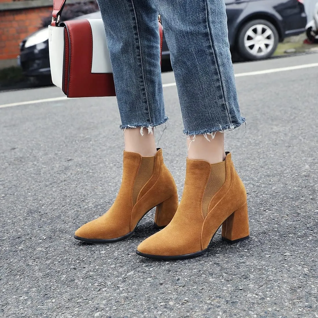 VOKLIN Women's Pointy Toe Chunky High Heel Dressy Ankle Boots Elastic Side Panel Chelsea Dress Short Booties