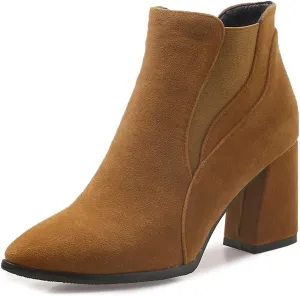 VOKLIN Women's Pointy Toe Chunky High Heel Dressy Ankle Boots Elastic Side Panel Chelsea Dress Short Booties