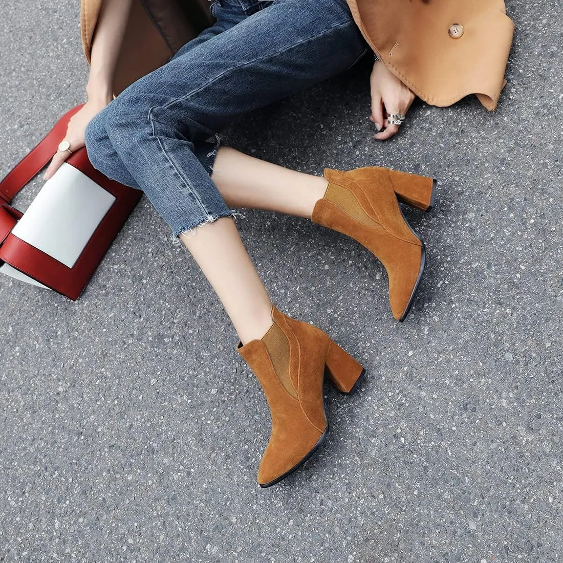 VOKLIN Women's Pointy Toe Chunky High Heel Dressy Ankle Boots Elastic Side Panel Chelsea Dress Short Booties