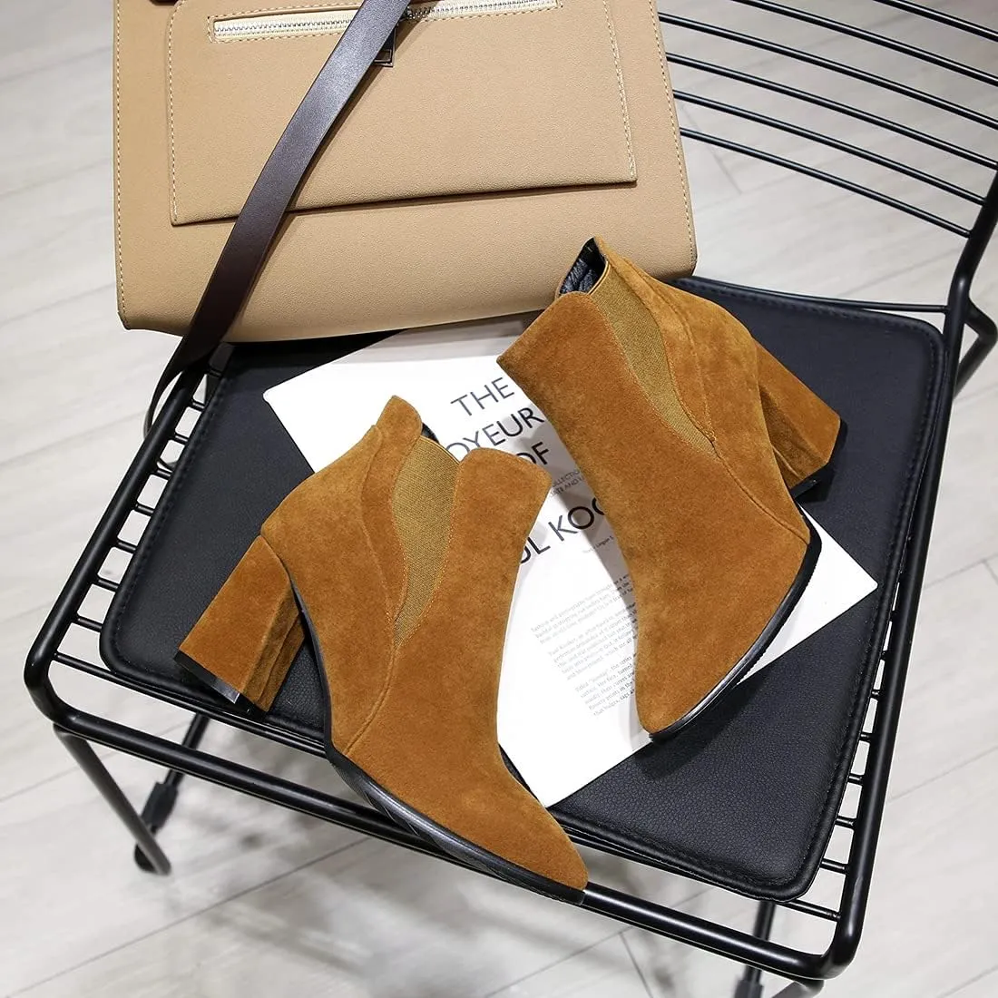 VOKLIN Women's Pointy Toe Chunky High Heel Dressy Ankle Boots Elastic Side Panel Chelsea Dress Short Booties