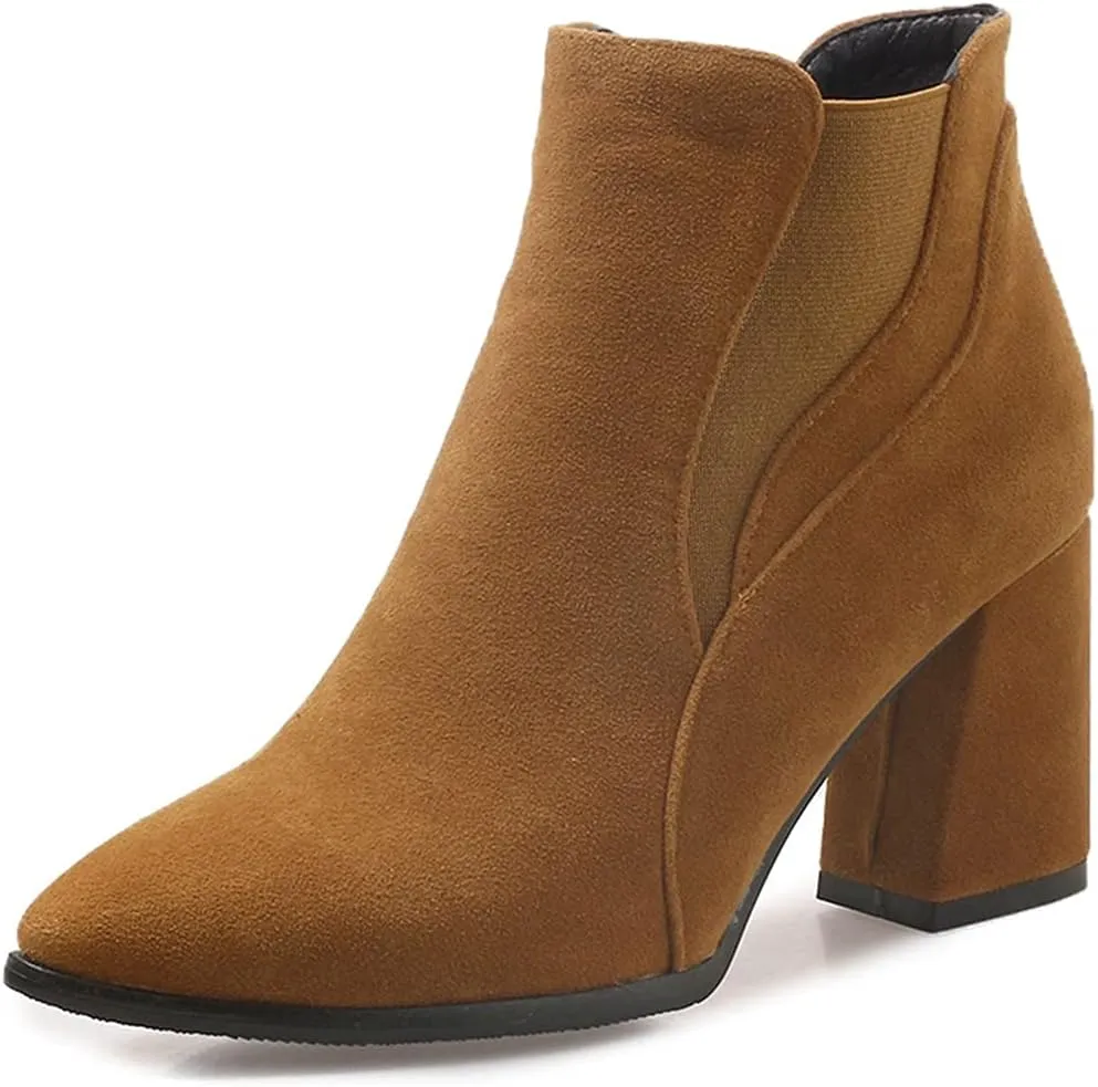 VOKLIN Women's Pointy Toe Chunky High Heel Dressy Ankle Boots Elastic Side Panel Chelsea Dress Short Booties