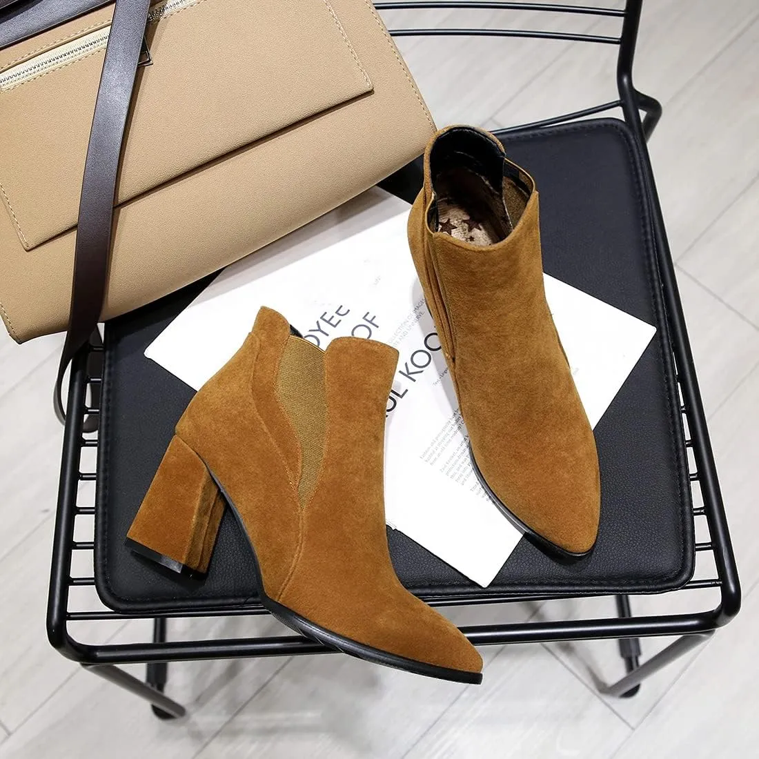 VOKLIN Women's Pointy Toe Chunky High Heel Dressy Ankle Boots Elastic Side Panel Chelsea Dress Short Booties