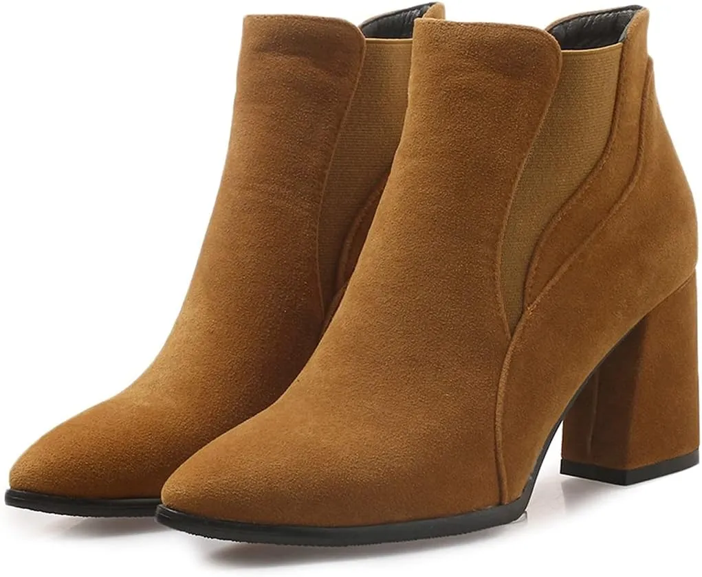 VOKLIN Women's Pointy Toe Chunky High Heel Dressy Ankle Boots Elastic Side Panel Chelsea Dress Short Booties