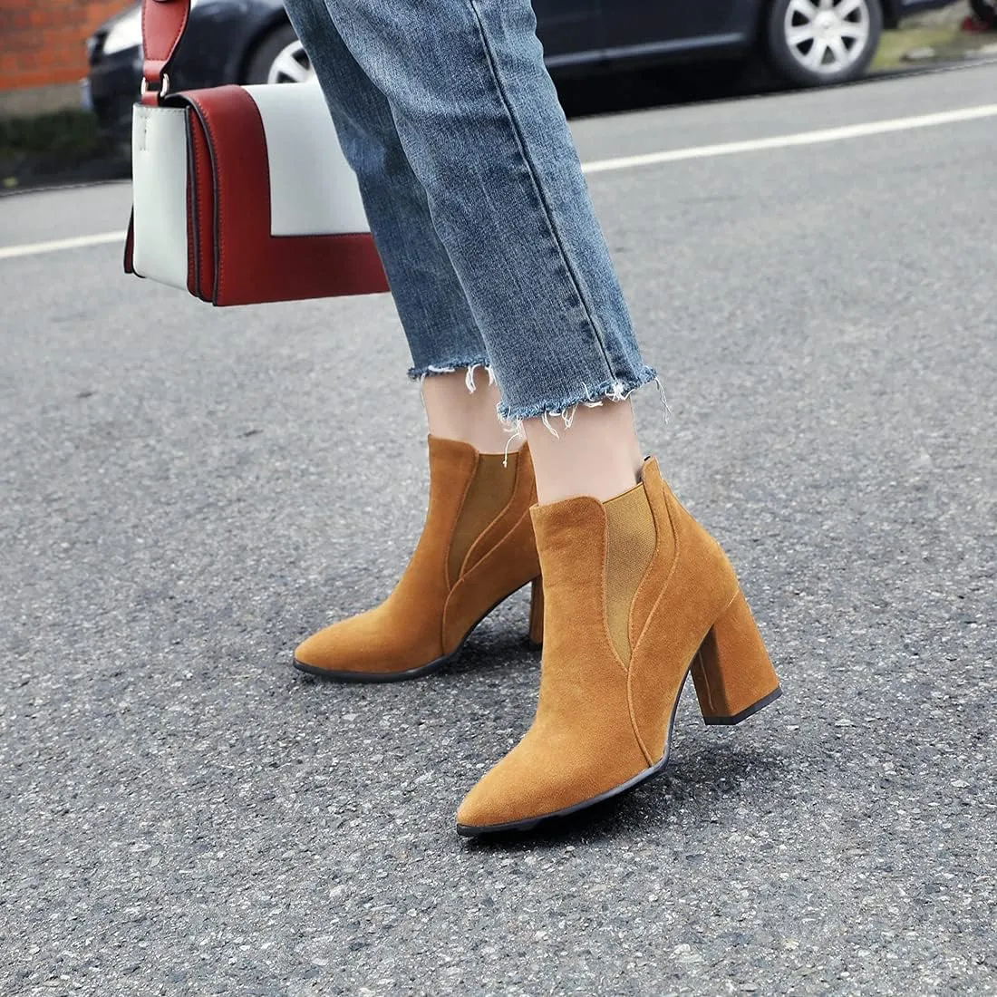 VOKLIN Women's Pointy Toe Chunky High Heel Dressy Ankle Boots Elastic Side Panel Chelsea Dress Short Booties