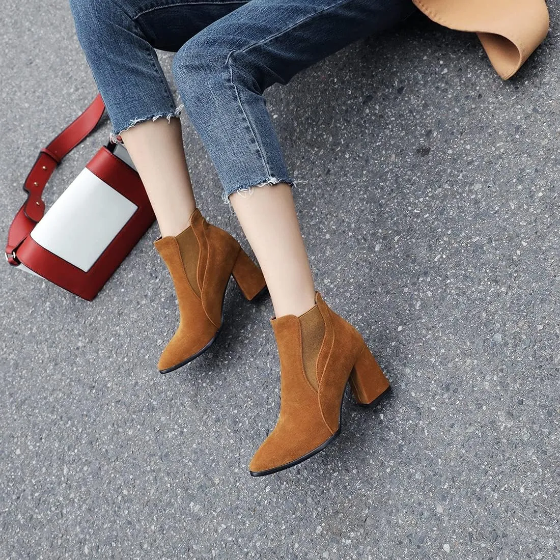 VOKLIN Women's Pointy Toe Chunky High Heel Dressy Ankle Boots Elastic Side Panel Chelsea Dress Short Booties