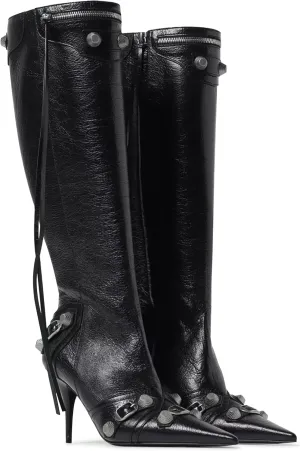 VOMIRA Knee High Boots Sexy Pointed Toe Rivets Tassels Stilettos High Heels Fashion Party Dressy Stripper Heels for Women